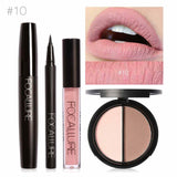 FOCALLURE Nuevo 4 Unids Fácil Maquillaje de Labios Eyeliner Negro Lápiz Mate Lápiz Labial Líquido Bronceador Facial Resaltador Paleta Ojos Máscara