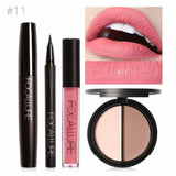 FOCALLURE Nuevo 4 Unids Fácil Maquillaje de Labios Eyeliner Negro Lápiz Mate Lápiz Labial Líquido Bronceador Facial Resaltador Paleta Ojos Máscara