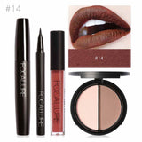 FOCALLURE Nuevo 4 Unids Fácil Maquillaje de Labios Eyeliner Negro Lápiz Mate Lápiz Labial Líquido Bronceador Facial Resaltador Paleta Ojos Máscara