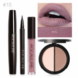 FOCALLURE Nuevo 4 Unids Fácil Maquillaje de Labios Eyeliner Negro Lápiz Mate Lápiz Labial Líquido Bronceador Facial Resaltador Paleta Ojos Máscara