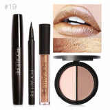FOCALLURE Nuevo 4 Unids Fácil Maquillaje de Labios Eyeliner Negro Lápiz Mate Lápiz Labial Líquido Bronceador Facial Resaltador Paleta Ojos Máscara