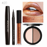 FOCALLURE Nuevo 4 Unids Fácil Maquillaje de Labios Eyeliner Negro Lápiz Mate Lápiz Labial Líquido Bronceador Facial Resaltador Paleta Ojos Máscara