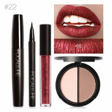 FOCALLURE Nuevo 4 Unids Fácil Maquillaje de Labios Eyeliner Negro Lápiz Mate Lápiz Labial Líquido Bronceador Facial Resaltador Paleta Ojos Máscara