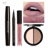 FOCALLURE Nuevo 4 Unids Fácil Maquillaje de Labios Eyeliner Negro Lápiz Mate Lápiz Labial Líquido Bronceador Facial Resaltador Paleta Ojos Máscara