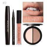 FOCALLURE Nuevo 4 Unids Fácil Maquillaje de Labios Eyeliner Negro Lápiz Mate Lápiz Labial Líquido Bronceador Facial Resaltador Paleta Ojos Máscara