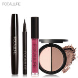FOCALLURE Nuevo 4 Unids Fácil Maquillaje de Labios Eyeliner Negro Lápiz Mate Lápiz Labial Líquido Bronceador Facial Resaltador Paleta Ojos Máscara